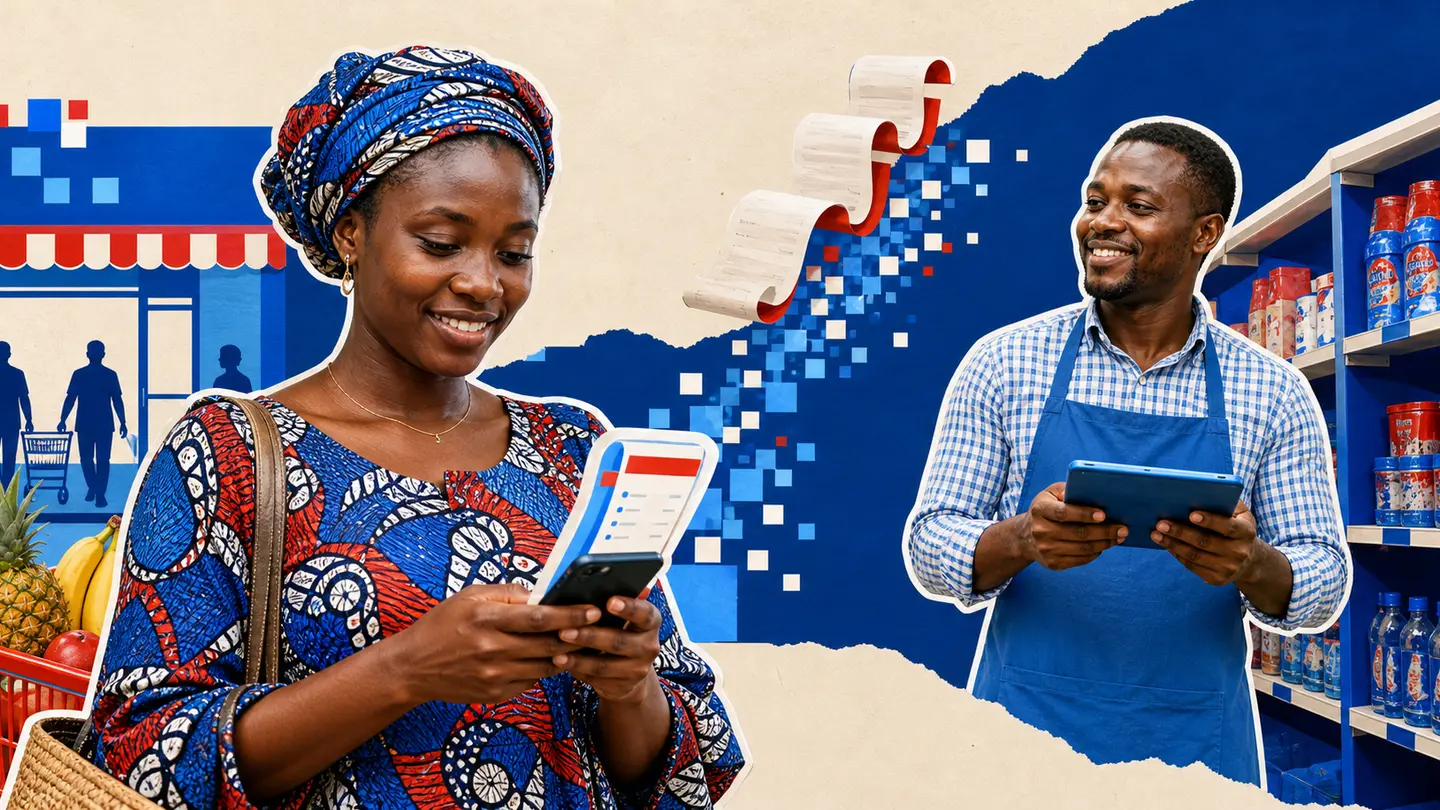 Editorial illustration of a supermarket customer checking a digital receipt while an attendant works nearby.