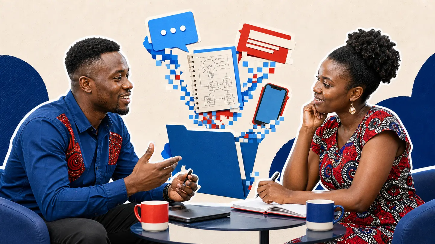 Editorial illustration of two Ghanaian business people discussing an idea together at a table.