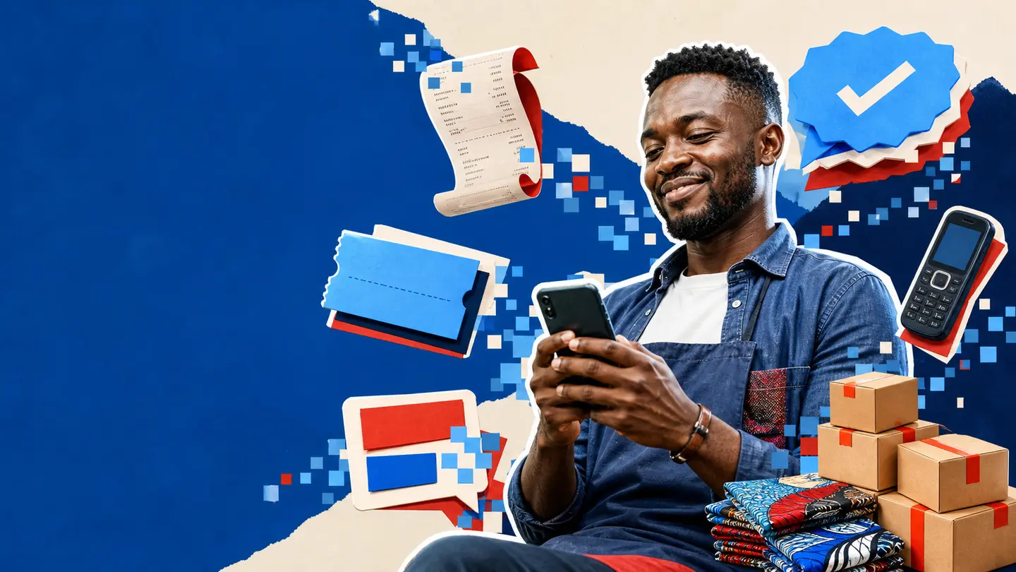 Editorial illustration of a Ghanaian business owner using a smartphone, surrounded by receipt, payment, delivery and messaging elements.