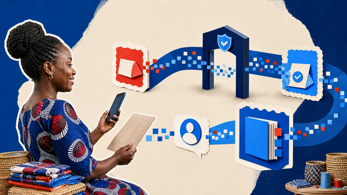 Editorial illustration of a Ghanaian business owner reviewing a payment-provider response and business record.