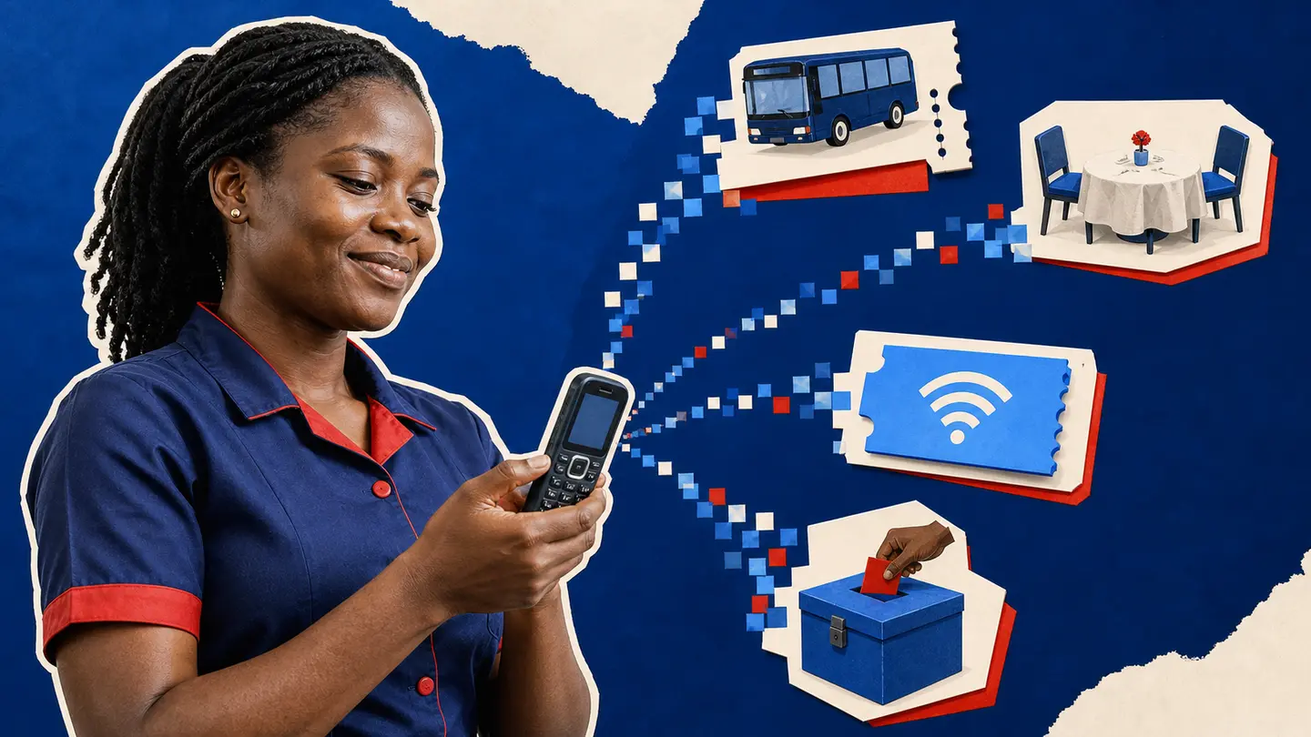 Editorial illustration of a Ghanaian attendant using a feature phone alongside transport, event, Wi-Fi and voting symbols.