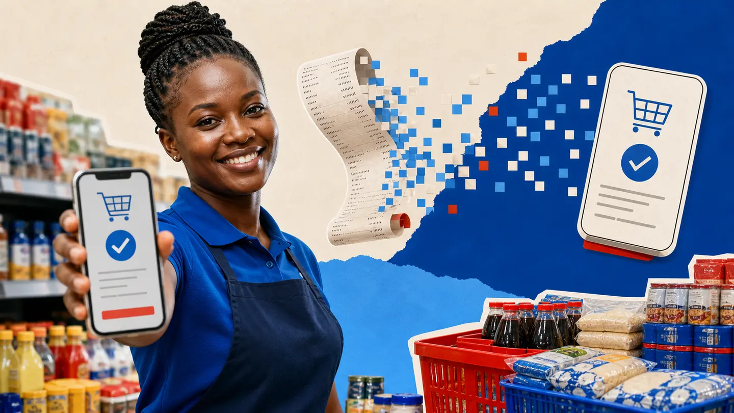 Editorial illustration of a supermarket attendant presenting a digital receipt on a smartphone.