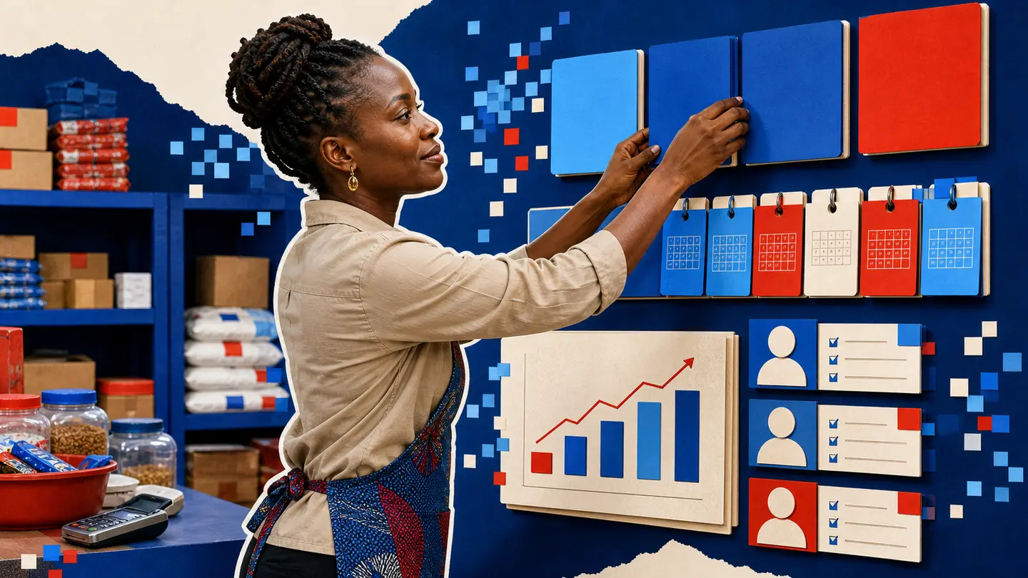 Editorial illustration of a shop attendant arranging stock and operating records.