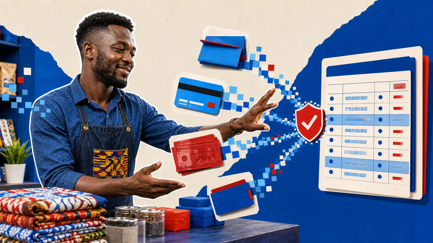 Editorial illustration of a Ghanaian shop owner reviewing a payment-provider result.