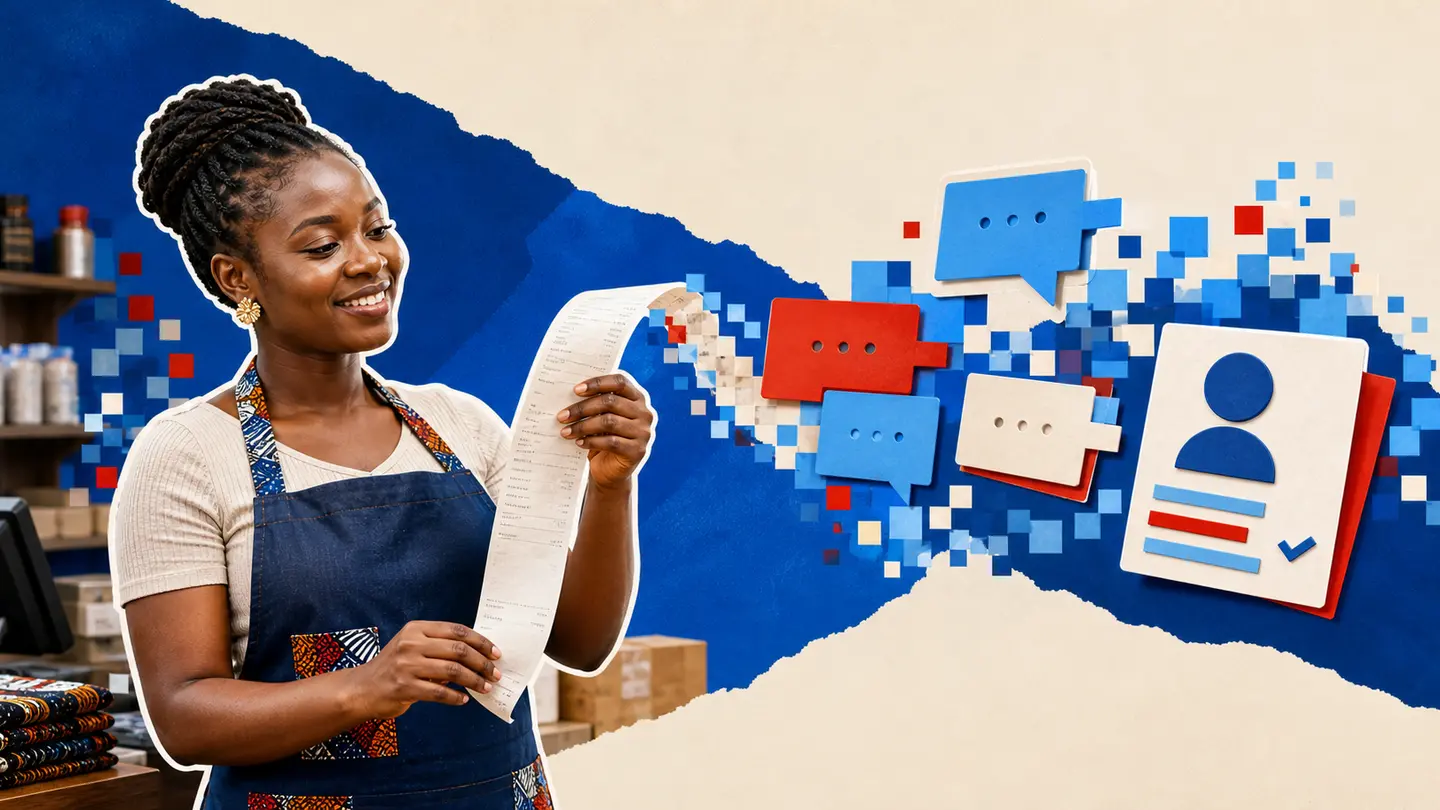 Editorial illustration of a shop attendant beside receipt, SMS and customer-record elements.