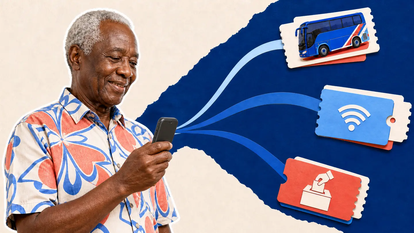 Editorial illustration of an older Ghanaian man using a feature phone for booking, voucher and voting services.