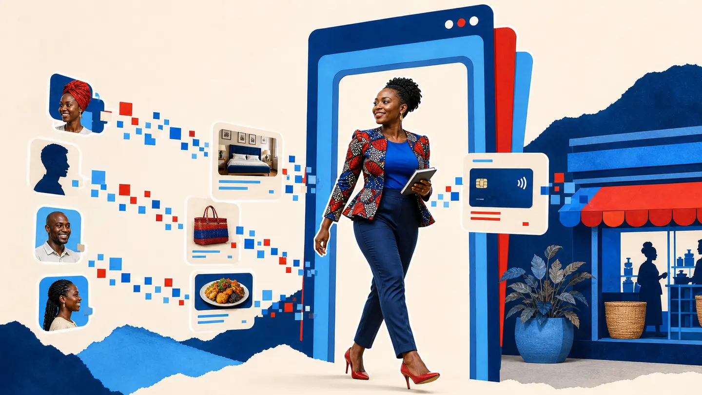 Editorial illustration of a Ghanaian business owner entering a digital doorway connecting customers and business services.