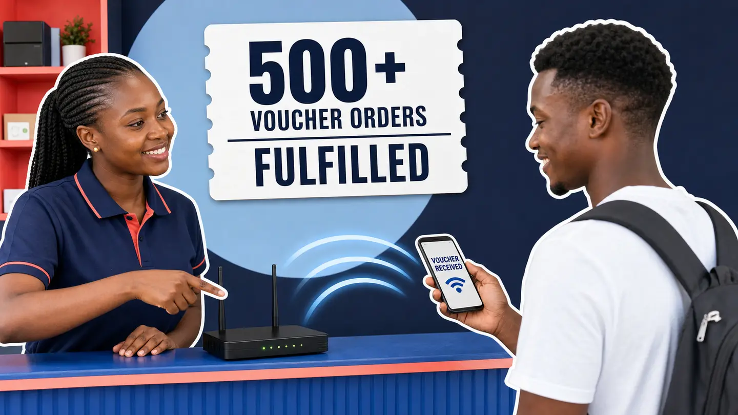 Illustrative reconstruction of a Wi-Fi operator helping a customer receive a voucher order.