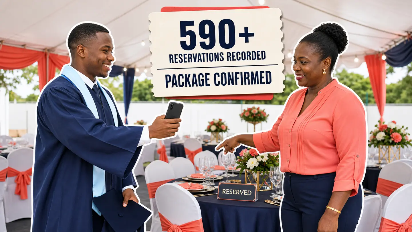 Illustrative reconstruction of a graduate presenting a package reservation to an event attendant.