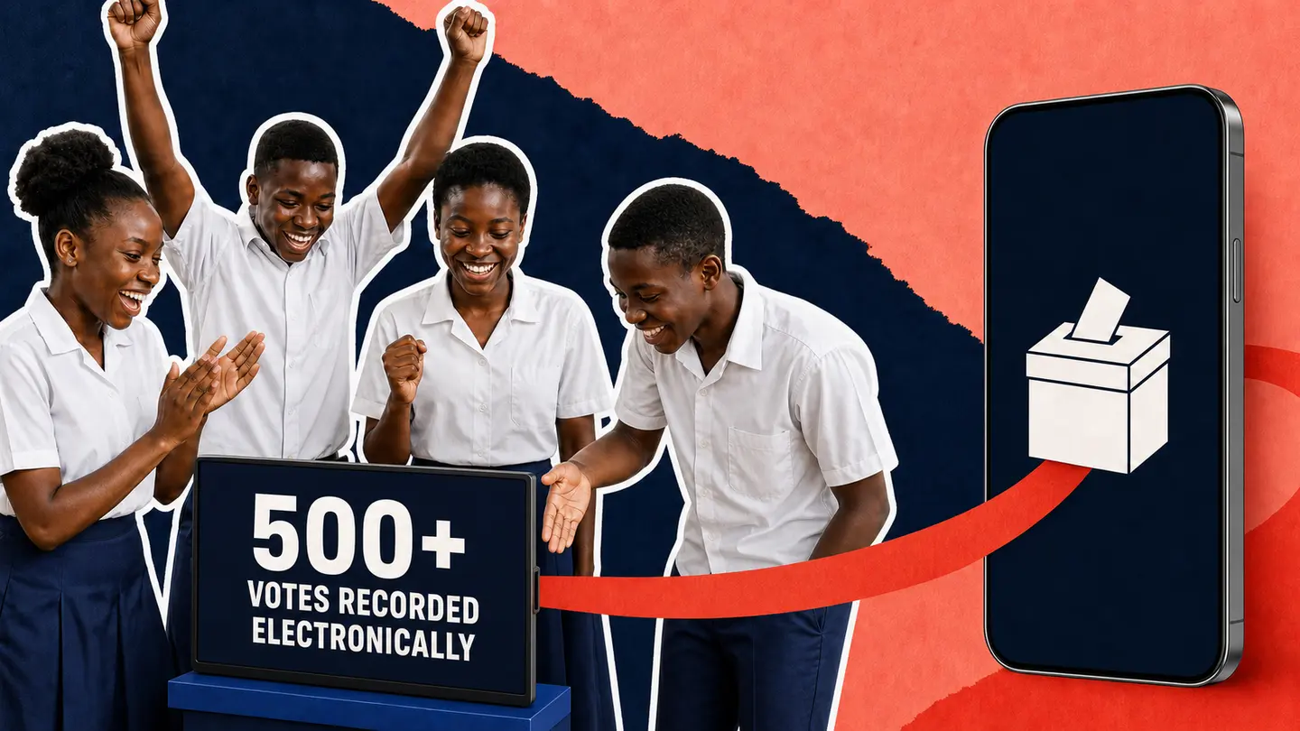 Illustrative reconstruction of school pupils celebrating electronically recorded competition votes.