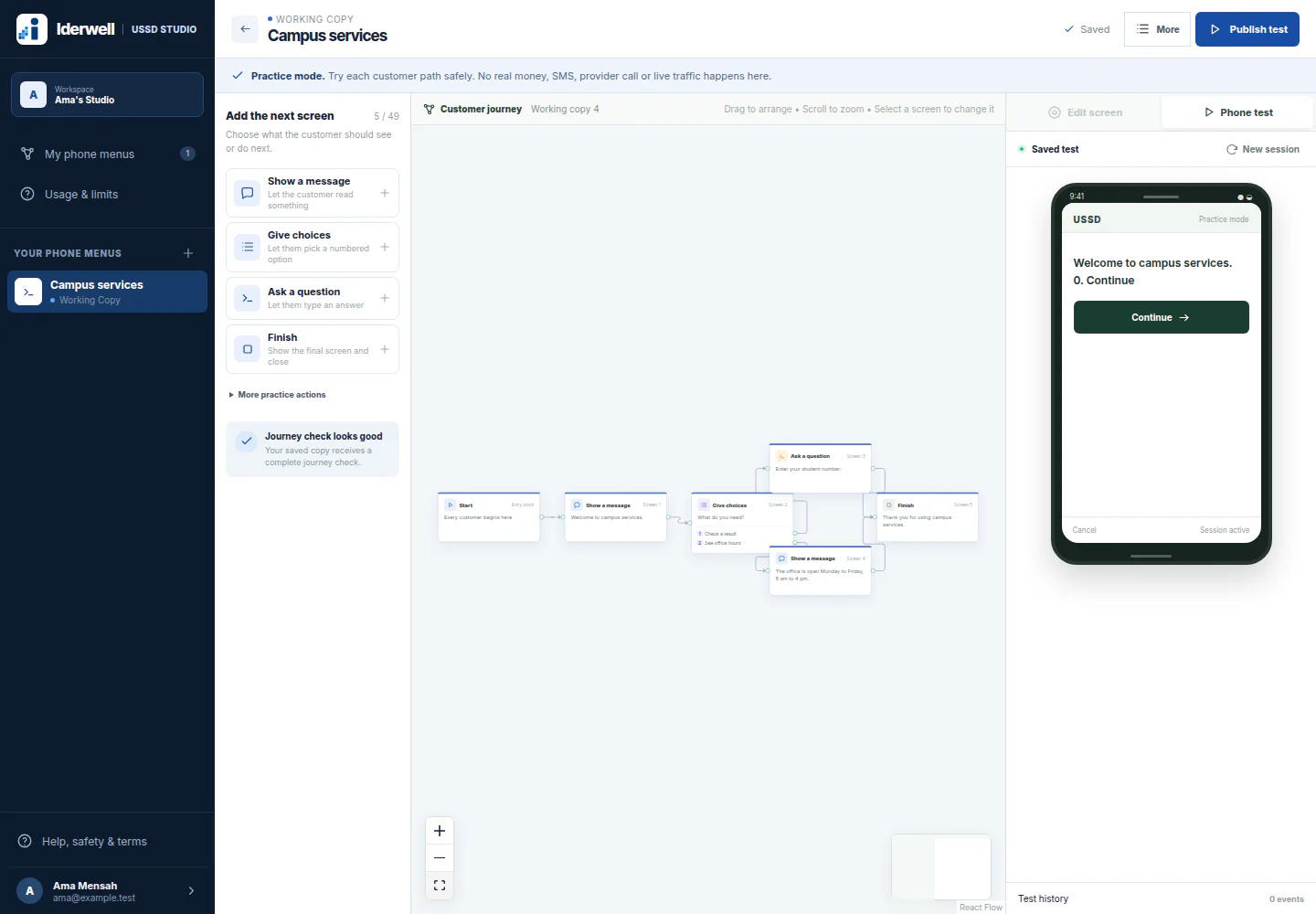 The actual USSD Studio workspace with a phone-menu journey beside its phone preview